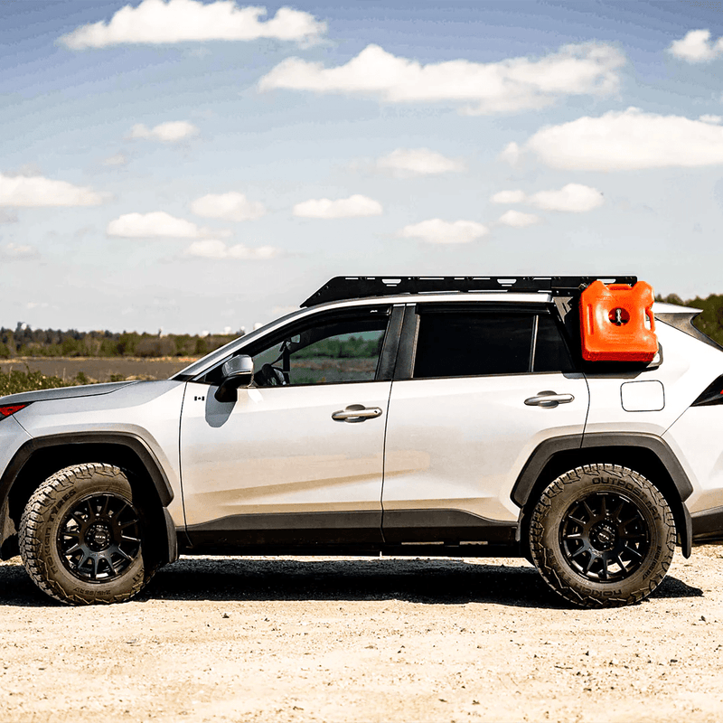 Toyota RAV4 Roof rack with a rotopax gas can on a side molle panel organizer
