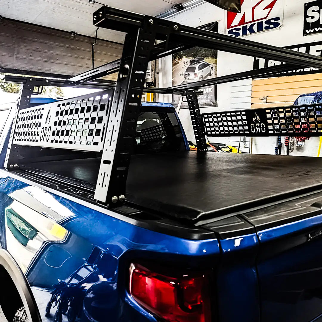 Bed Rack on a blue Pickup in Aluminium