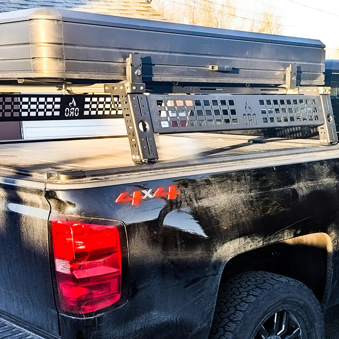 Side view of the Truck Bed Rack with tonneau cover and Roof Top Tent