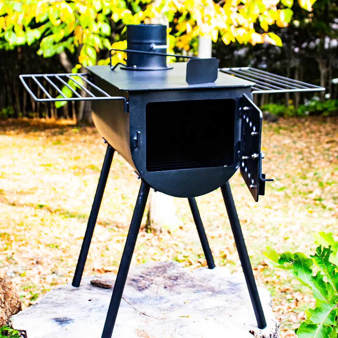 Wood stove for camping with door open