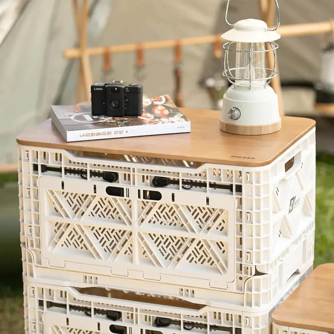 Camping storage box wood top